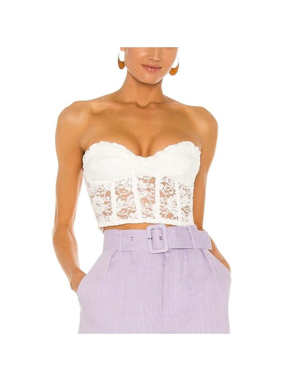 Bardot White Floral Lace Corset Top Strapless Bustier Crop Medium / US 6